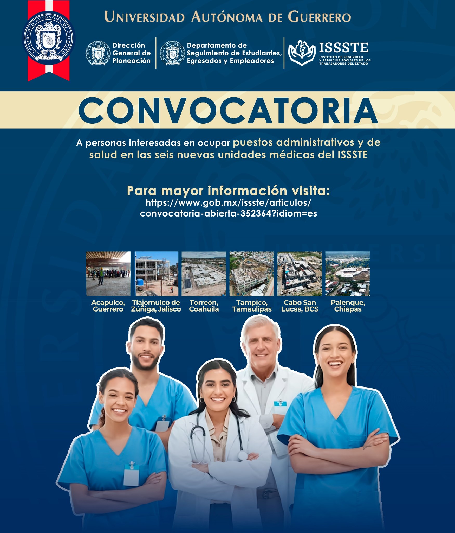 El Instituto de Seguridad y ServiciosEl ISSSTE a través de la UAGro invitan a los egresados a participar en la convocatoria de reclutamiento en 6 unidades médicas.